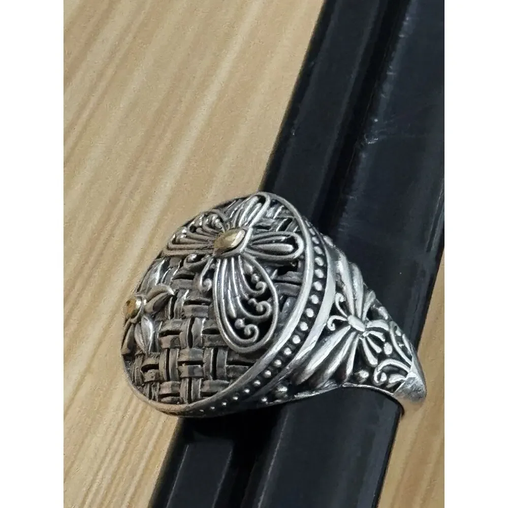 Robert Manse M ID 925 Sterling and 18K Gold Dragonfly Flower Sz 8.5 Bali 7g